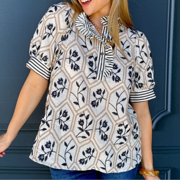 NEW Entro ruffle neck embroidered navy beige stripe floral top - Picture 6 of 7